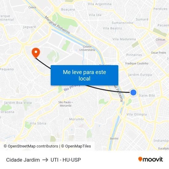 Cidade Jardim to UTI - HU-USP map