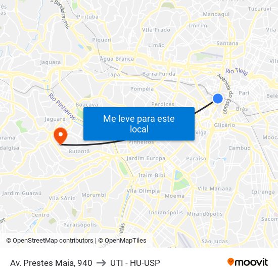 Av. Prestes Maia, 940 to UTI - HU-USP map