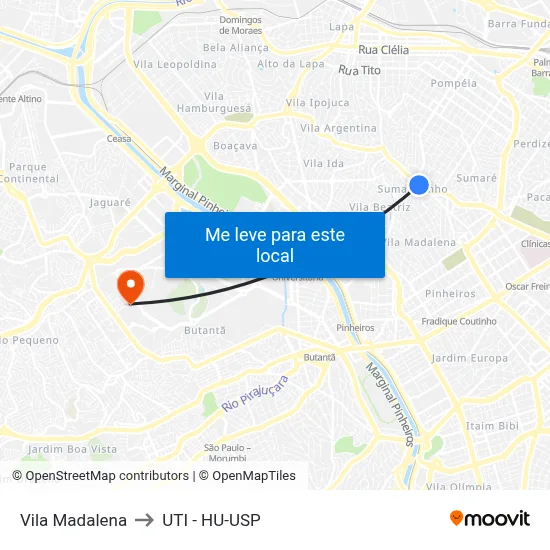 Vila Madalena to UTI - HU-USP map