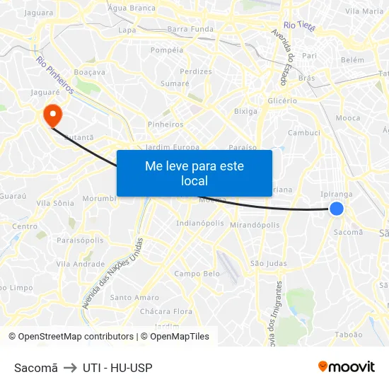 Sacomã to UTI - HU-USP map