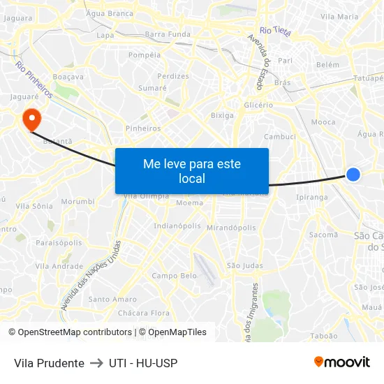 Vila Prudente to UTI - HU-USP map