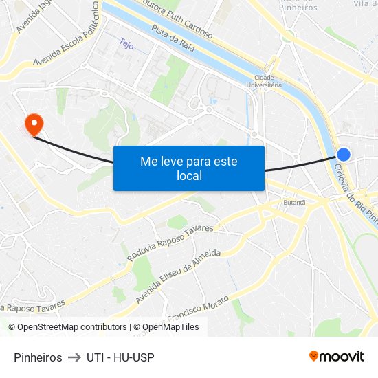 Pinheiros to UTI - HU-USP map