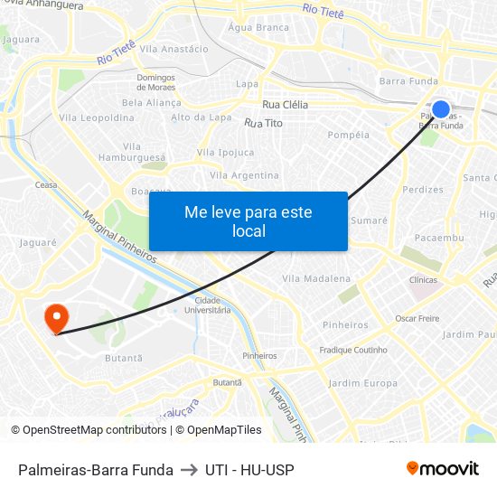 Palmeiras-Barra Funda to UTI - HU-USP map