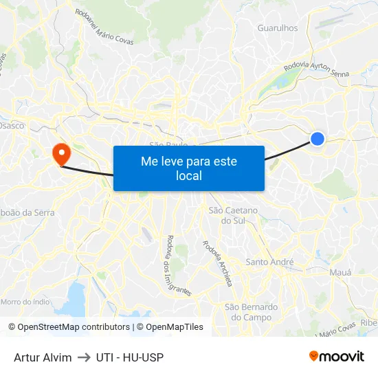 Artur Alvim to UTI - HU-USP map