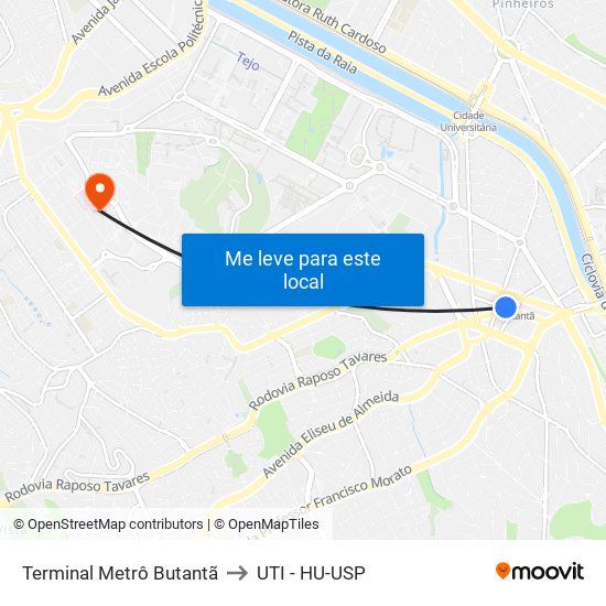 Terminal Metrô Butantã to UTI - HU-USP map