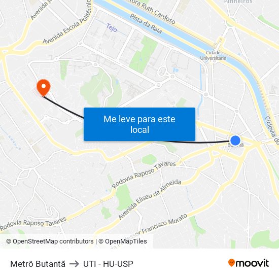 Metrô Butantã to UTI - HU-USP map