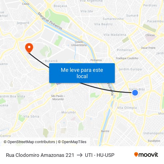 Rua Clodomiro Amazonas 221 to UTI - HU-USP map
