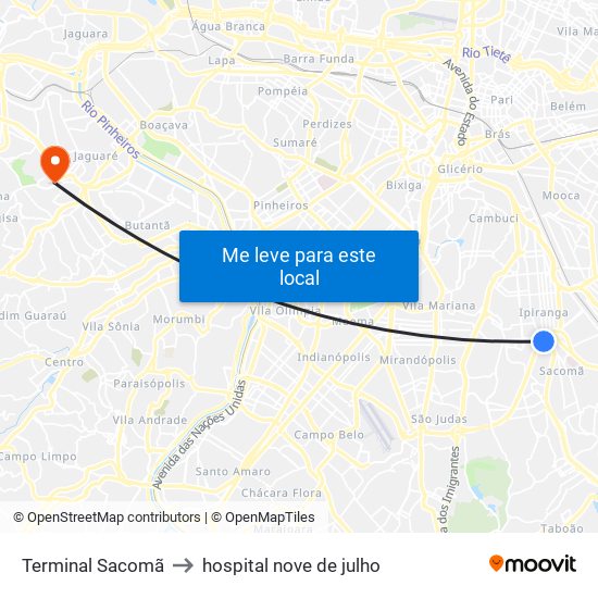 Terminal Sacomã to hospital nove de julho map