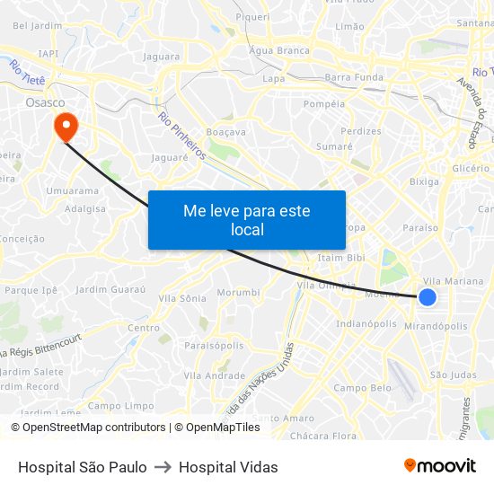 Hospital São Paulo to Hospital Vidas map