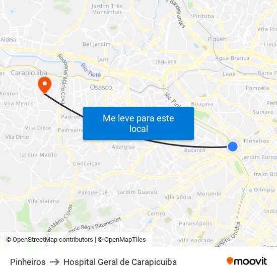 Pinheiros to Hospital Geral de Carapicuiba map