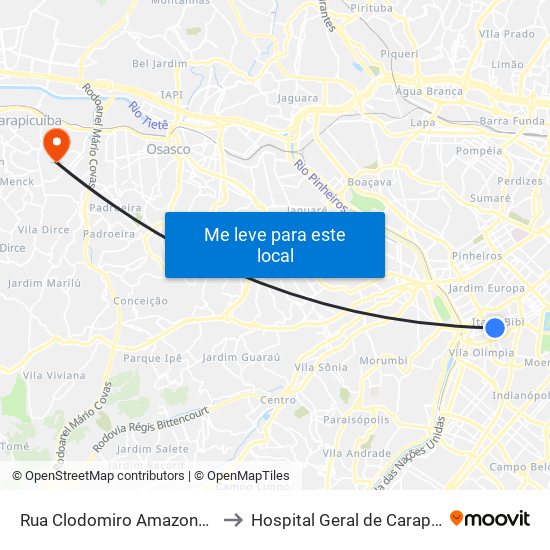 Rua Clodomiro Amazonas 221 to Hospital Geral de Carapicuiba map