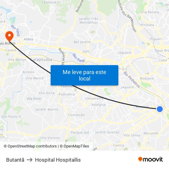 Butantã to Hospital Hospitallis map