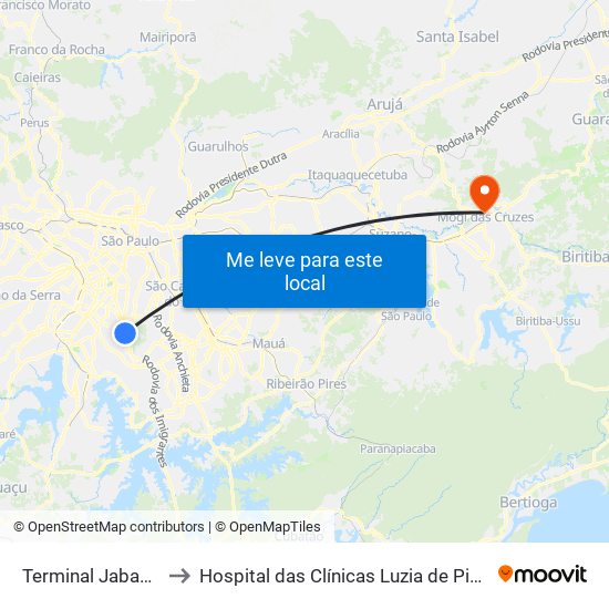 Terminal Jabaquara to Hospital das Clínicas Luzia de Pinho Melo map