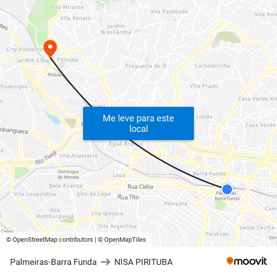 Palmeiras-Barra Funda to NISA PIRITUBA map