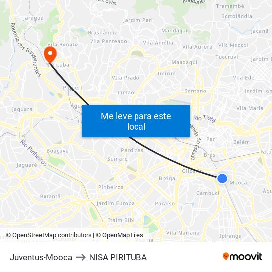 Juventus-Mooca to NISA PIRITUBA map