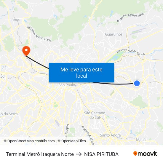 Terminal Metrô Itaquera Norte to NISA PIRITUBA map