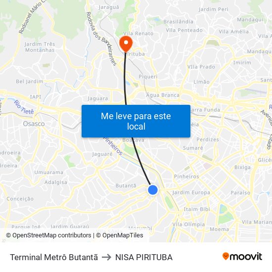 Terminal Metrô Butantã to NISA PIRITUBA map