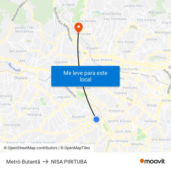 Metrô Butantã to NISA PIRITUBA map