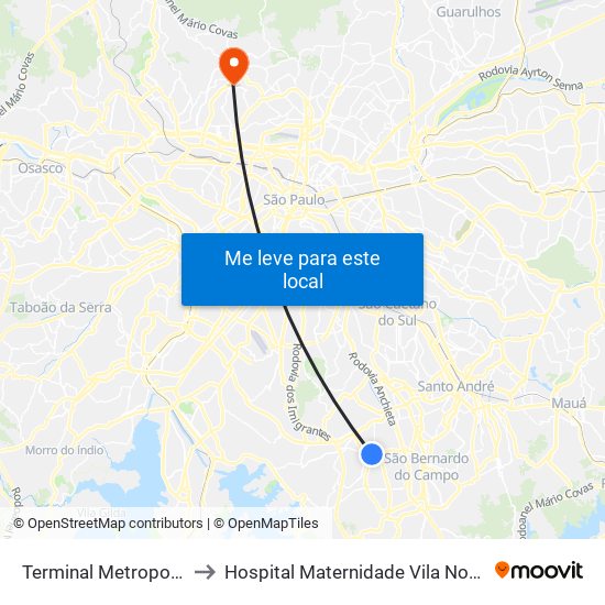 Terminal Metropolitano Piraporinha to Hospital Maternidade Vila Nova Cachoeirinha - Pré Parto map