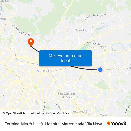 Terminal Metrô Itaquera Norte to Hospital Maternidade Vila Nova Cachoeirinha - Pré Parto map