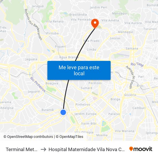 Terminal Metrô Butantã to Hospital Maternidade Vila Nova Cachoeirinha - Pré Parto map