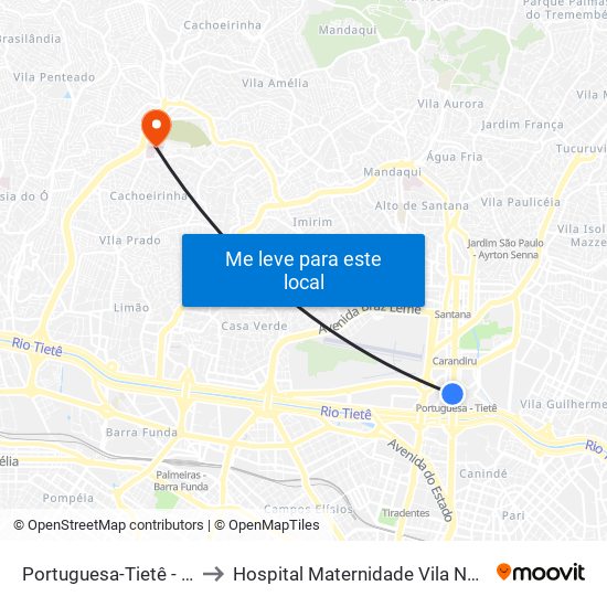 Portuguesa-Tietê - Santana, São Paulo to Hospital Maternidade Vila Nova Cachoeirinha - Pré Parto map