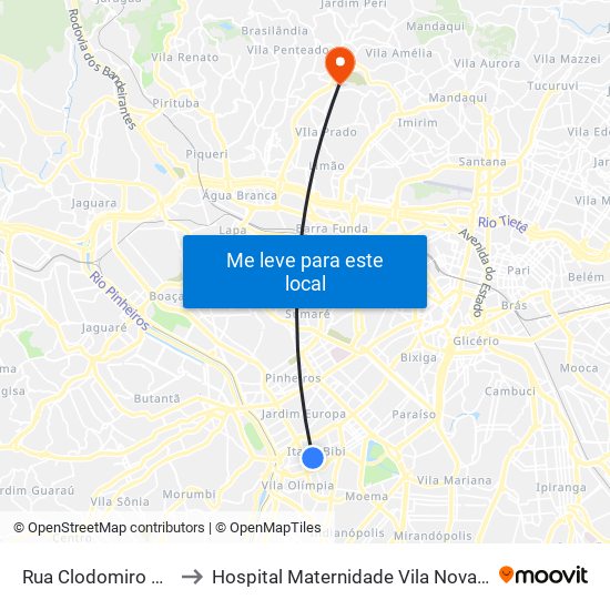 Rua Clodomiro Amazonas 221 to Hospital Maternidade Vila Nova Cachoeirinha - Pré Parto map