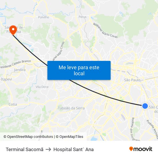 Terminal Sacomã to Hospital Sant` Ana map