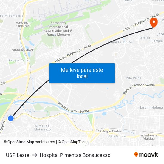 USP Leste to Hospital Pimentas Bonsucesso map