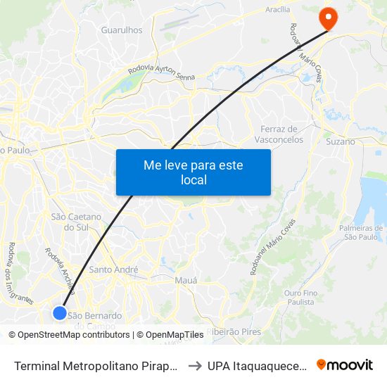 Terminal Metropolitano Piraporinha to UPA Itaquaquecetuba map