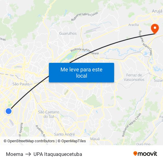 Moema to UPA Itaquaquecetuba map