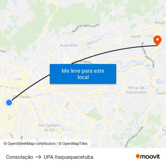Consolação to UPA Itaquaquecetuba map