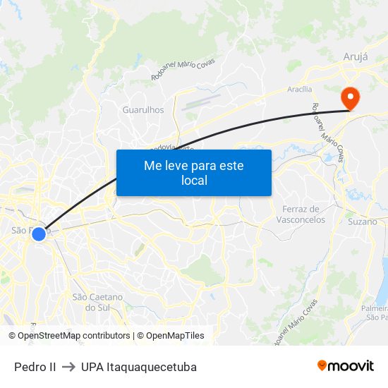 Pedro II to UPA Itaquaquecetuba map