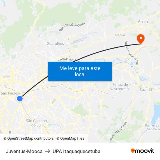 Juventus-Mooca to UPA Itaquaquecetuba map