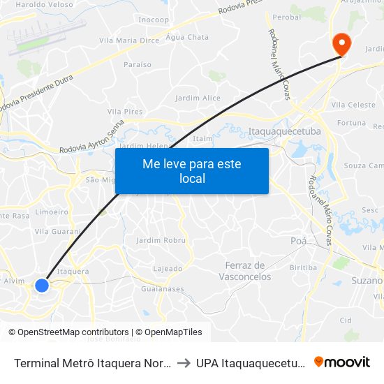 Terminal Metrô Itaquera Norte to UPA Itaquaquecetuba map