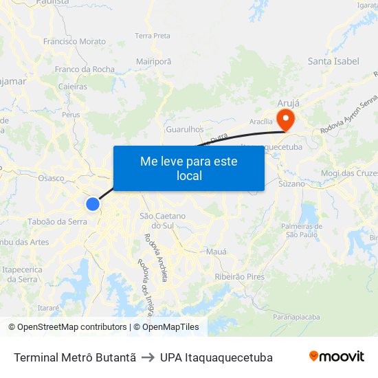 Terminal Metrô Butantã to UPA Itaquaquecetuba map