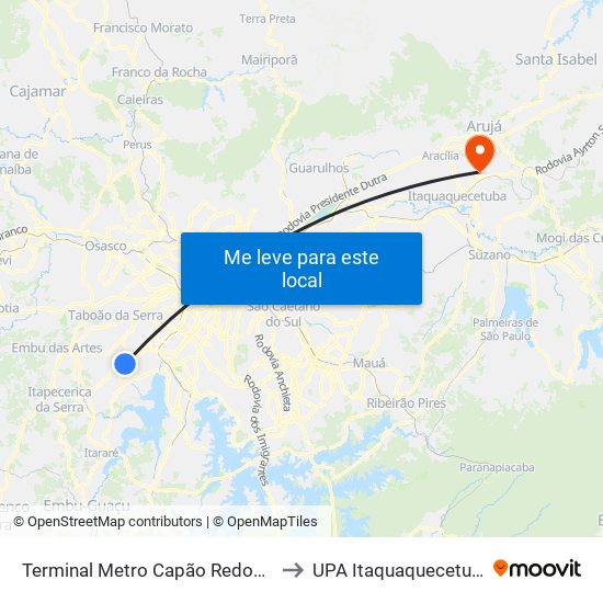Terminal Metro Capão Redondo to UPA Itaquaquecetuba map