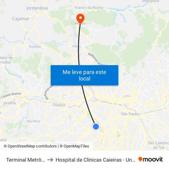 Terminal Metrô Butantã to Hospital de Clínicas Caieiras - Unidade Avançada map