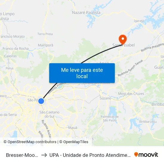 Bresser-Mooca to UPA - Unidade de Pronto Atendimento map