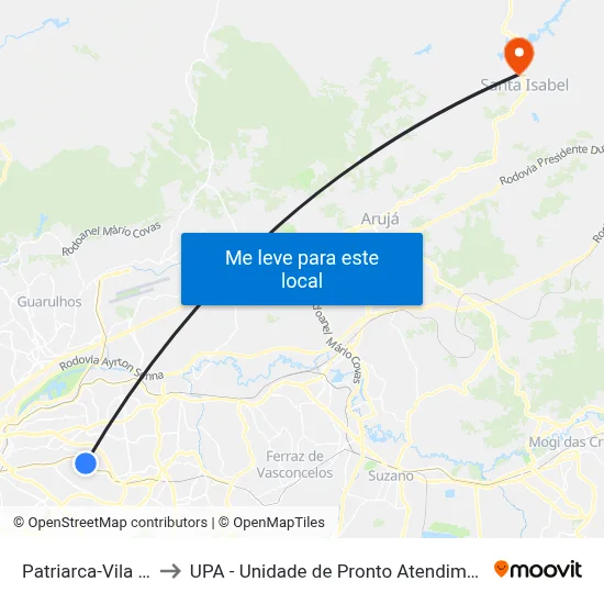 Patriarca-Vila Ré to UPA - Unidade de Pronto Atendimento map