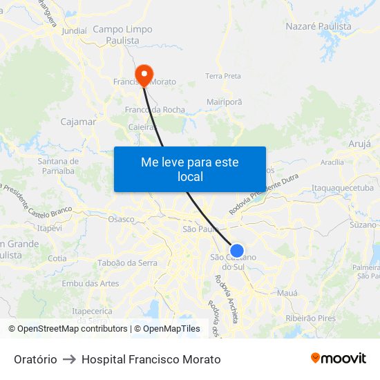 Oratório to Hospital Francisco Morato map