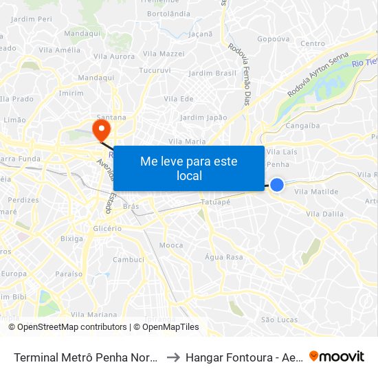 Terminal Metrô Penha Norte - Penha de França, São Paulo to Hangar Fontoura - Aeroporto Campo de Marte map