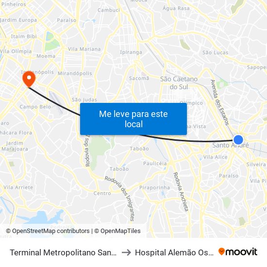 Terminal Metropolitano Santo André Leste to Hospital Alemão Oswaldo Cruz map