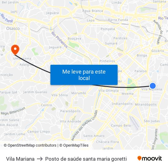 Vila Mariana to Posto de saúde santa maria goretti map