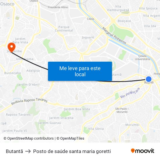 Butantã to Posto de saúde santa maria goretti map