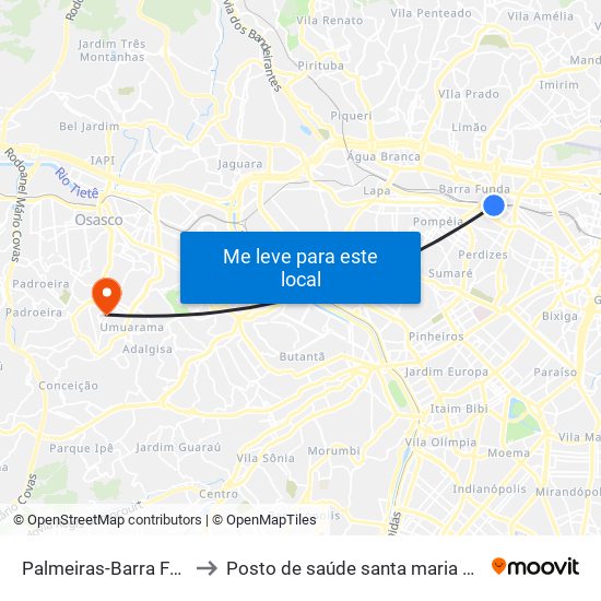 Palmeiras-Barra Funda to Posto de saúde santa maria goretti map