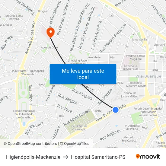 Higienópolis-Mackenzie to Hospital Samaritano-PS map
