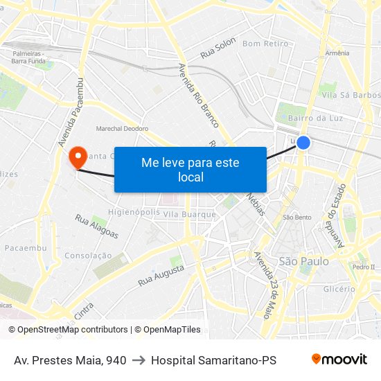 Av. Prestes Maia, 940 to Hospital Samaritano-PS map