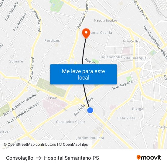 Consolação to Hospital Samaritano-PS map