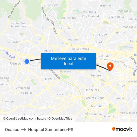 Osasco to Hospital Samaritano-PS map
